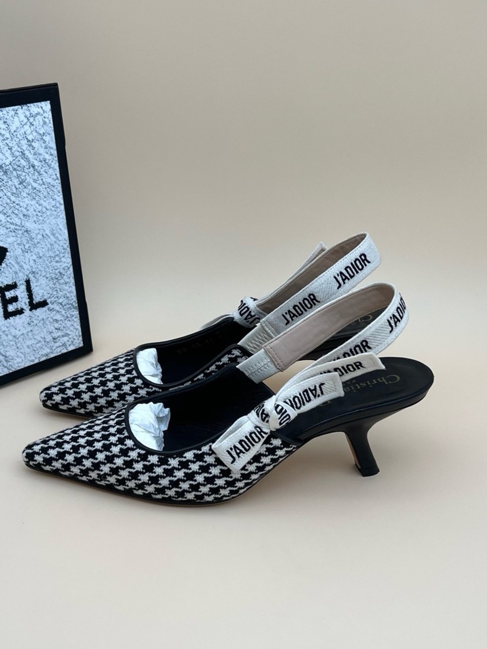 🚩steal Dior J'Adior Houndstooth Slingback Kitten Heels - Black & White